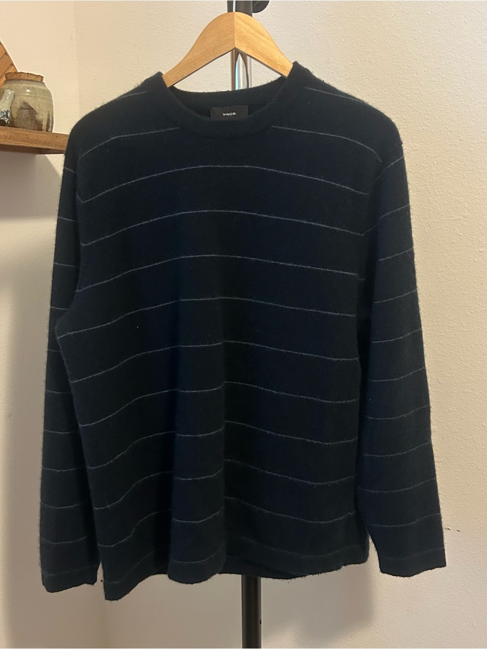 Vince Men’s XL Black White Stripes Long-Sleeve Cashmere Crewneck Sweater
